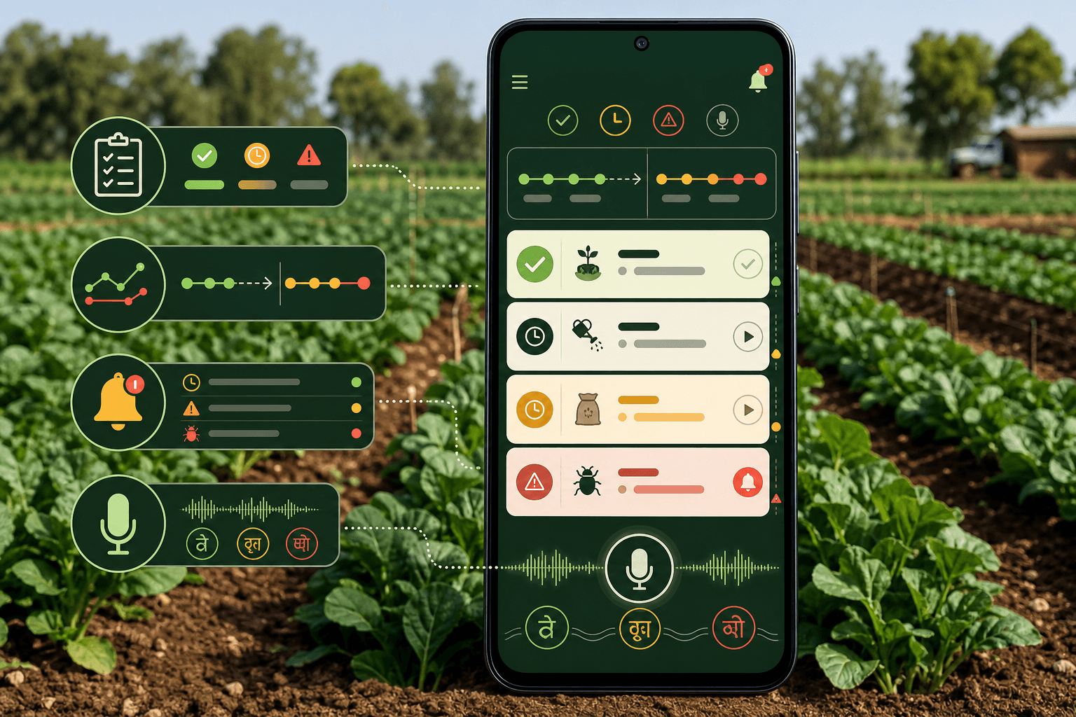TIRTHAS daily planner showing completed and delayed tasks, schedule drift, alerts and multilingual voice input