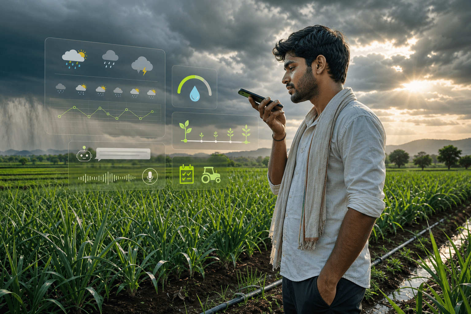 Farmer using voice guidance and weather-aware planning in a crop field