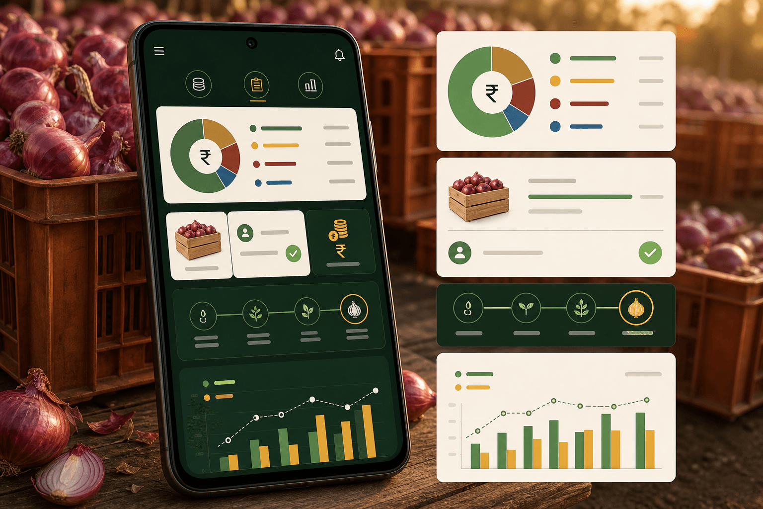 TIRTHAS application showing crop expenses, harvest records, receivables and plan-versus-actual results