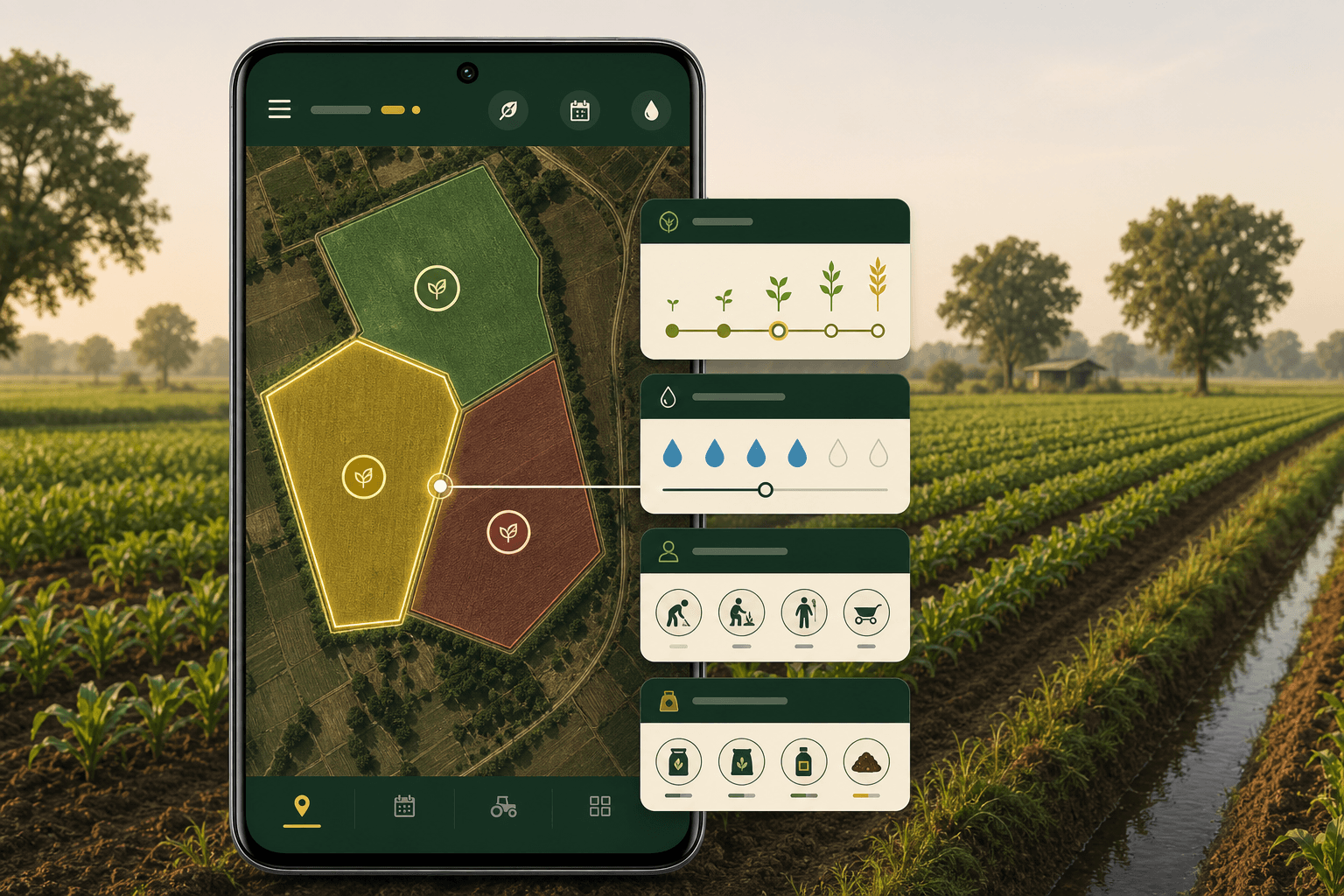 TIRTHAS application showing mapped farm plots, crop stages, irrigation, labour and input planning