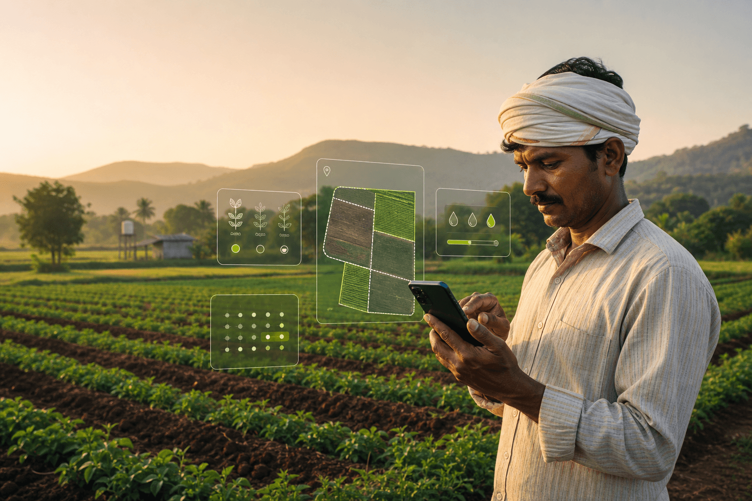 Farmer mapping plots and planning a crop cycle with the TIRTHAS application in his field